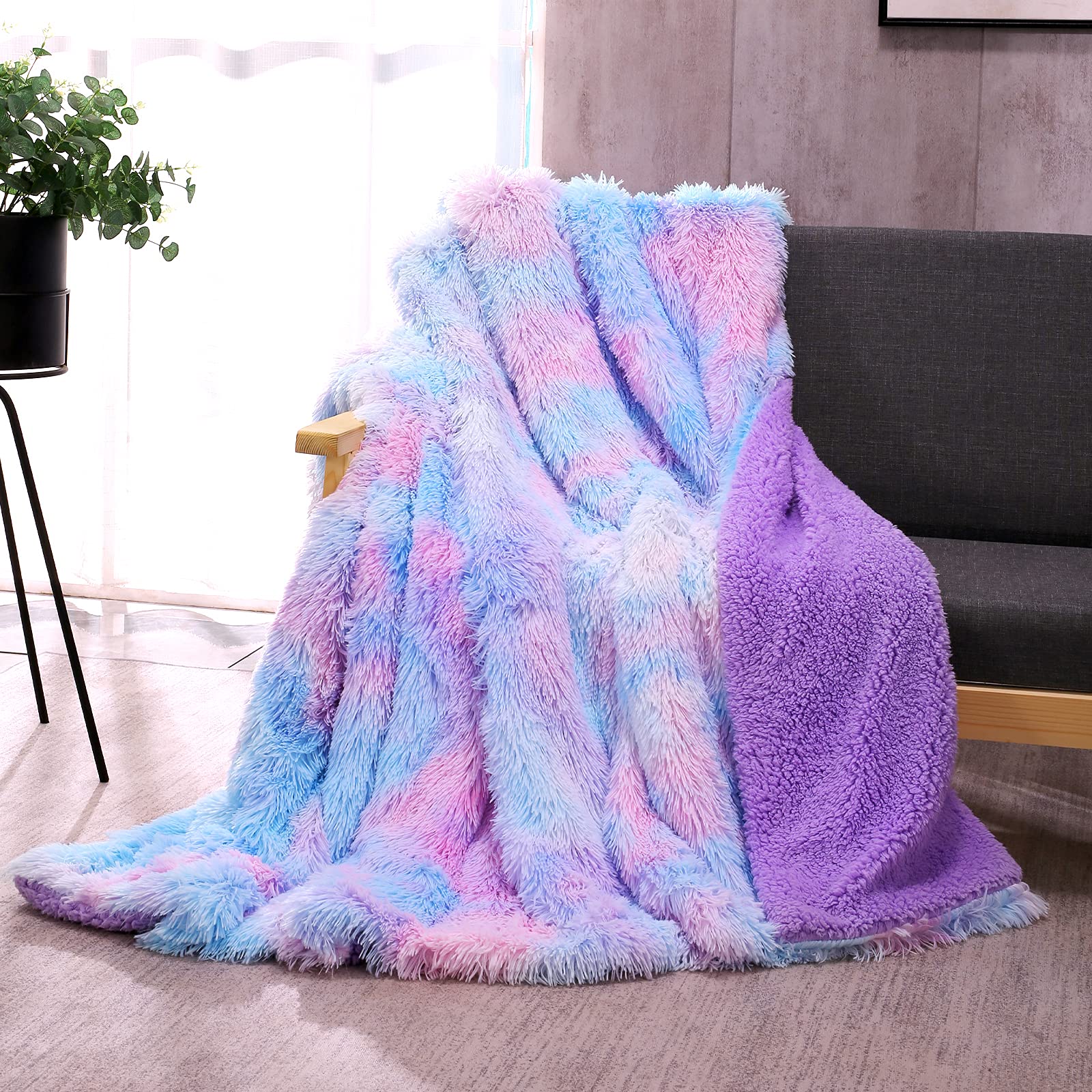 Dangtop Faux Fur Throw Blanket, Tie Dye Fluffy Blanket, Super Soft Purple Blanket For Girls, Luxury Cozy Warm Plush Thick Sherpa